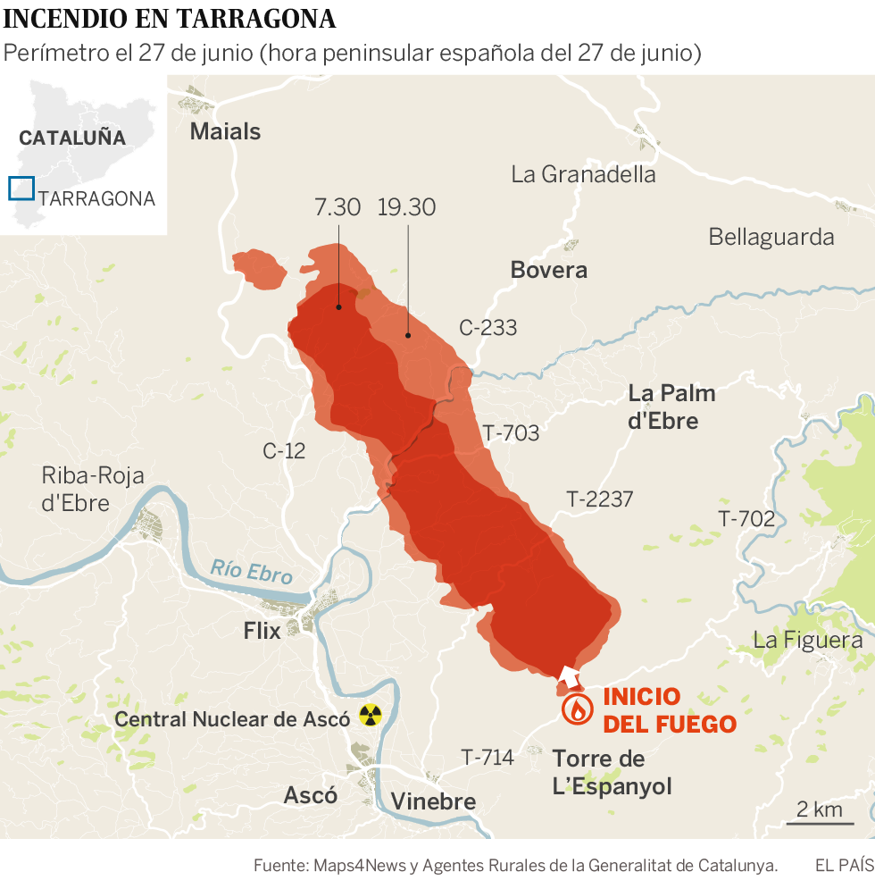 L’incendi de la Ribera d’Ebre continua fora de control en el pitjor dia de l’onada de calor