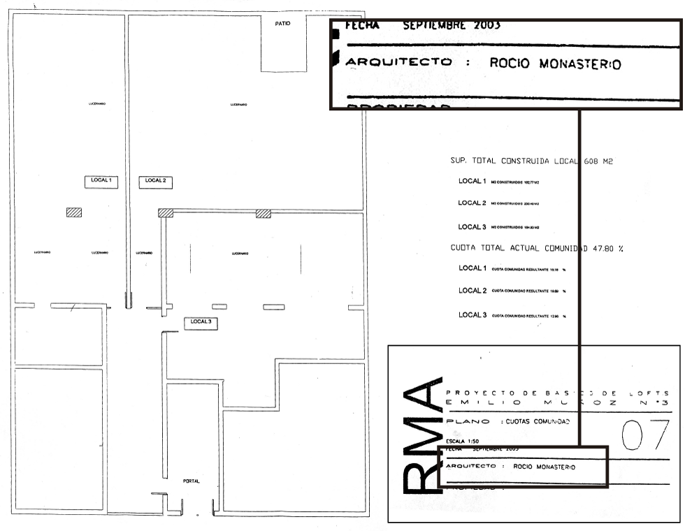 Plano de la nave reformada por los dirigentes de Vox. Resaltado en la imagen, la firma de Rocío Monasterio.