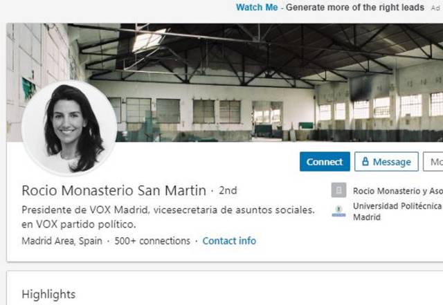 Perfil en LinkedIn de Rocío Monasterio, presidenta de Vox en Madrid.