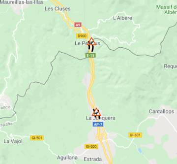Mapa del Servei Català de Trànsit que muestra los dos puntos bloqueados por los manifestantes.