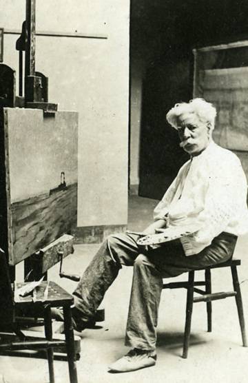 Modest Urgell pintant en el seu estudi (1903-1913).