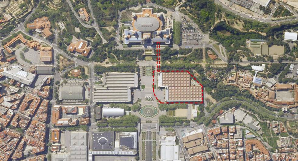 Vista aèria del MNAC i del pavelló on està previst fer l'ampliació.