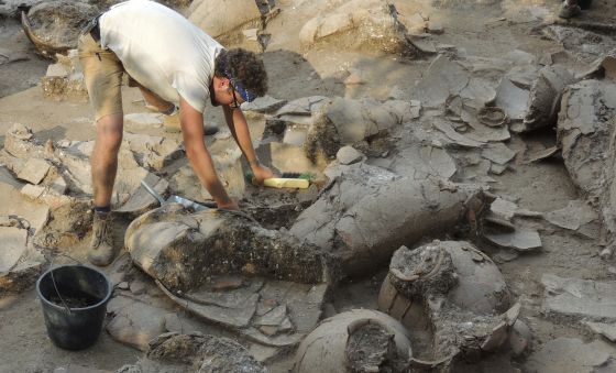 O arqueólogo Zach Dunseth, com as ânforas de vinho encontradas nas ruínas de um palácio em Nahariya (Israel).
