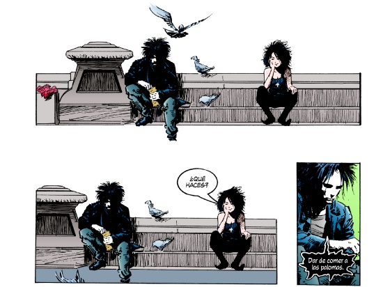 Dos viñetas de un momento mítico en la historia del cómic, la conversación aparentemente intrascendente entre Muerte y Sueño en el inicio de 'País de sueños'.