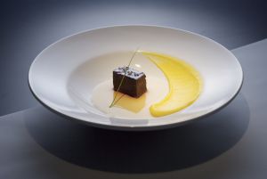 Cupim (carne de joroba de cebú) con puré de patata y aceite de pequi , creación del chef brasileño Alex Atala.