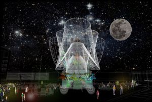 Render de Cosmo, la máquina móvil purificadora de agua proyectada por Andrés Jaque Oficina de Innovación Política.