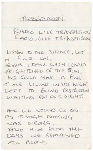 Manuscrito de la letra de 'Transmission'.