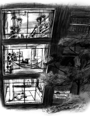 Ilustração que mostra os detalhes do interior das casas.