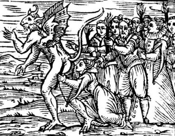 Una bruixa li fa el petó infame al diable en una il·lustració d'època.