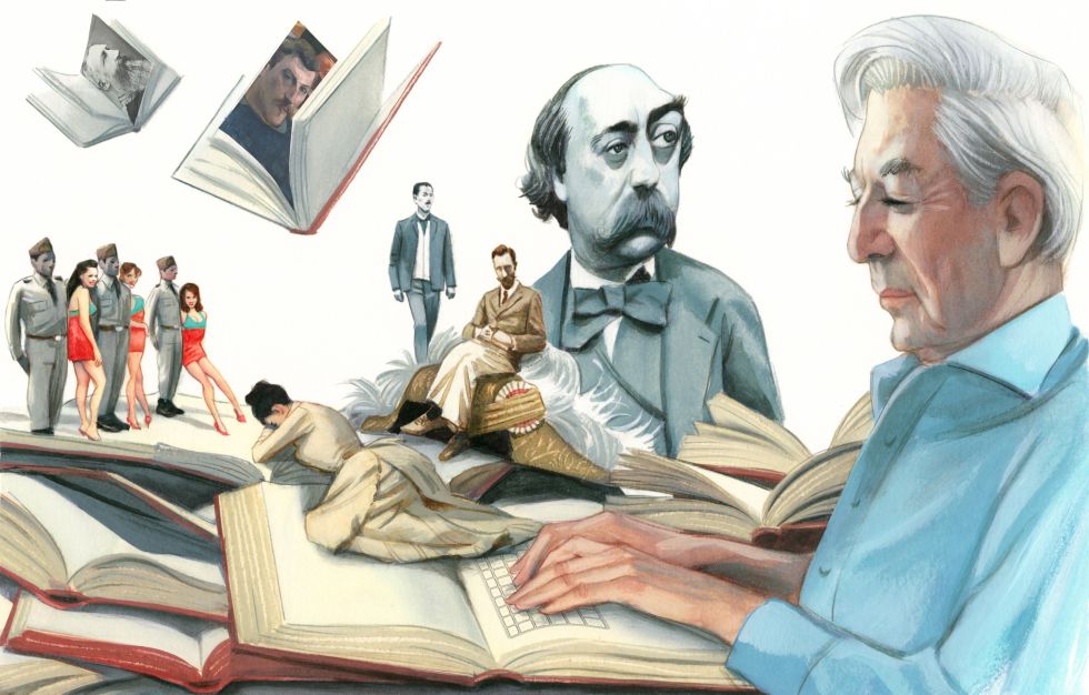 Vargas Llosa, en primer plano, y su mundo literario: los retratos de Leopoldo II y Gauguin (en sendos libros), Flaubert, Roger Casement (sentado sobre el gorro de Trujillo), Madame Bovary y Pantaleón y las visitadoras. De pie, detrás, el escritor de joven. 