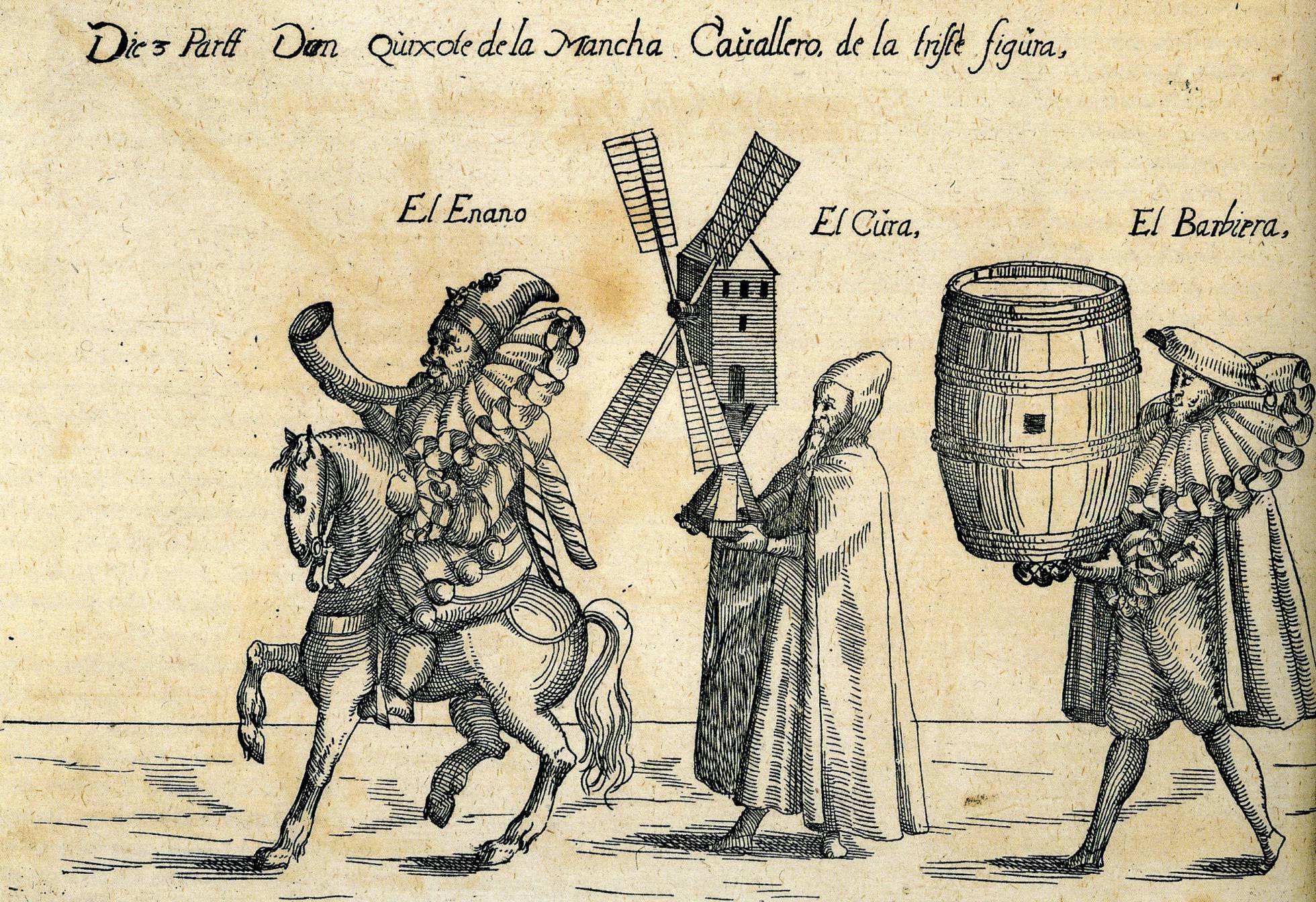 Primera imagen conocida de Don Quijote, Sancho Panza y otros personajes de la novela, de Andreas Bretschneider. Primera imagen conocida de Don Quijote, Sancho Panza y otros personajes de la novela, de Andreas Bretschneider.