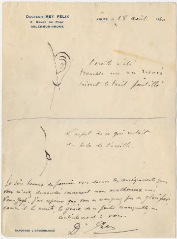 Parte médico que explica cómo Van Gogh se seccionó parte de la oreja.