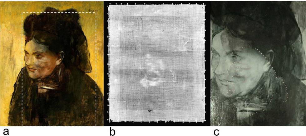 David Thurrowgood;David Paterson;Martin D. de Jonge;Robin Kirkham;Saul Thurrowgood;Daryl L. Howard Pie de Foto: 'Portrait d'une femme' de Edgar Degas. (a) La imagen visible del cuadro. La zona rectangular resalta el área del escaneo XRF. (b) Radiografía. El cuadro oscurecido ha sido rotado 180 grados. La cara y la oreja de la mujer son la fuente de contraste principal. (c) Detalle de la imagen reflejada bajo los rayos infrarrojos. Se indica un contorno parcial de la cara escondida.