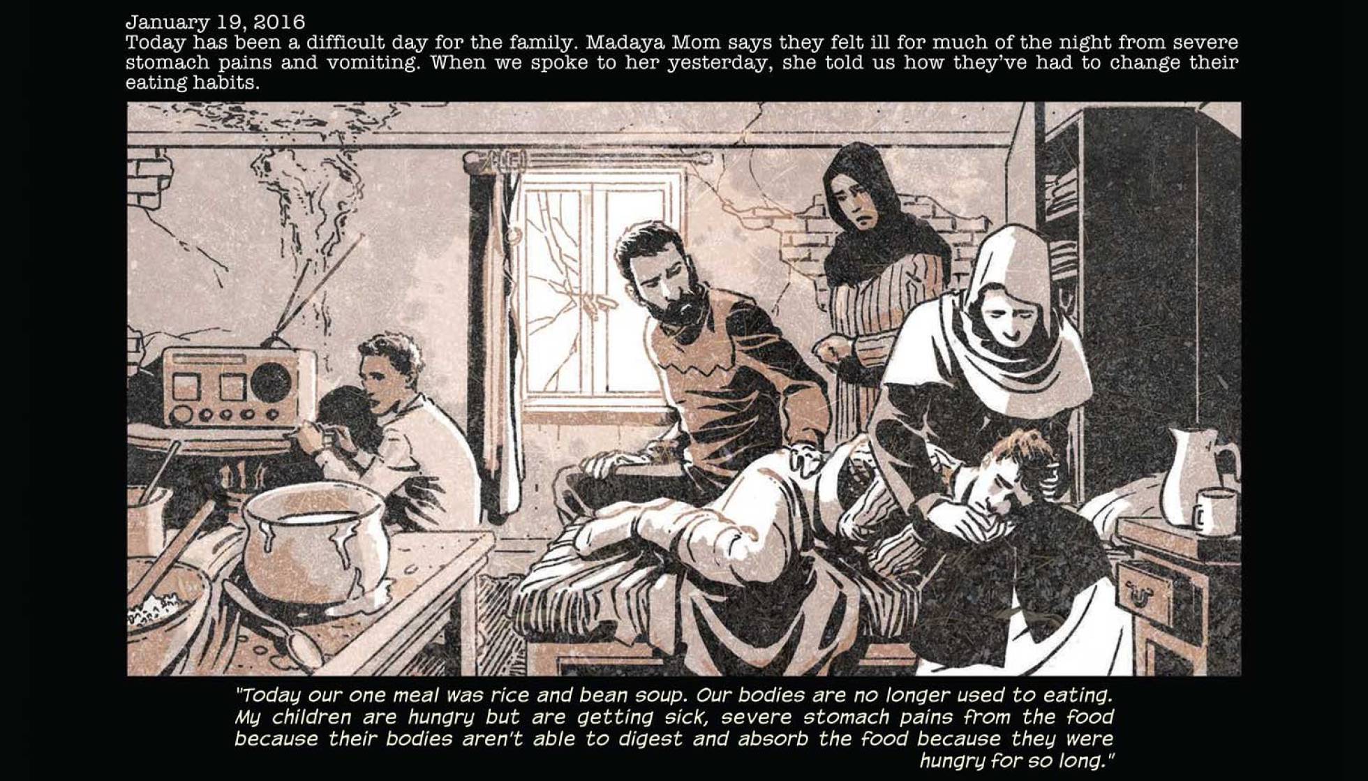 Madaya Mom es el cómic periodístico que cuenta la vida en una ciudad sitiada por el gobierno sirio. Madaya Mom es el cómic periodístico que cuenta la vida en una ciudad sitiada por el gobierno sirio.