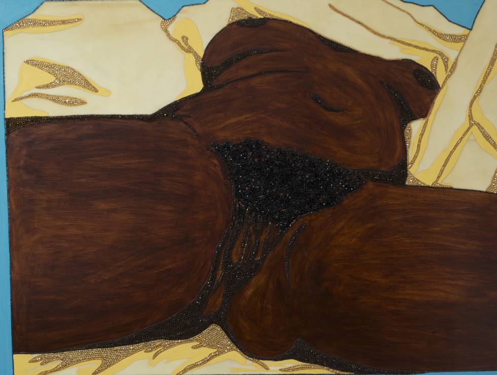 Mickalene Thomas reinterpretó en 2012 el célebre cuadro de Courbet 'El origen del mundo' con su obra 'Origin of the Universe'.