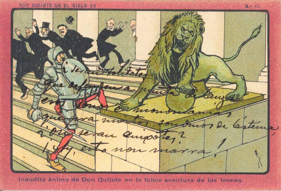 Viñeta satírica de Don Quijote atacando al león del Congreso de los Diputados.