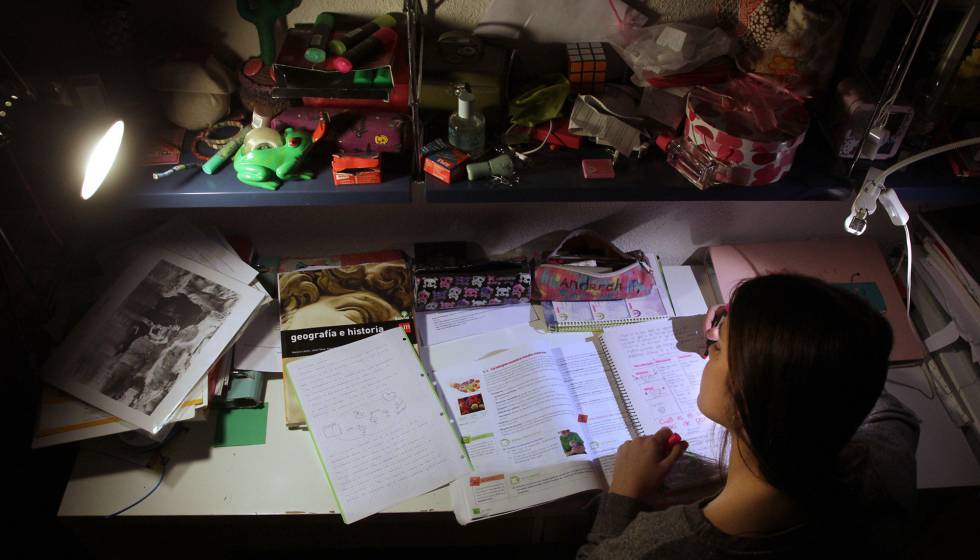 Una adolescente hace los deberes en su habitación.