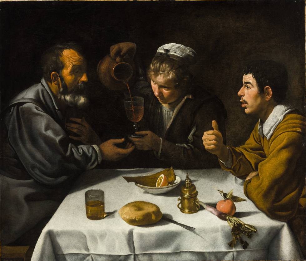'Escena de taberna con dos hombres y una mujer', de Velázquez (1618-19), óleo para la exposición 'Obras maestras de Budapest. Del Renacimiento a las Vanguardias', en el Museo Thyssen.