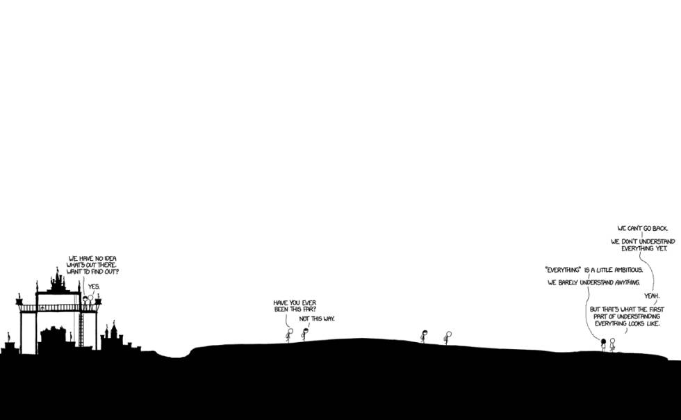 Varias viñetas fundidas en una de 'Time', la obra maestra de xkcd, Randall Munroe.