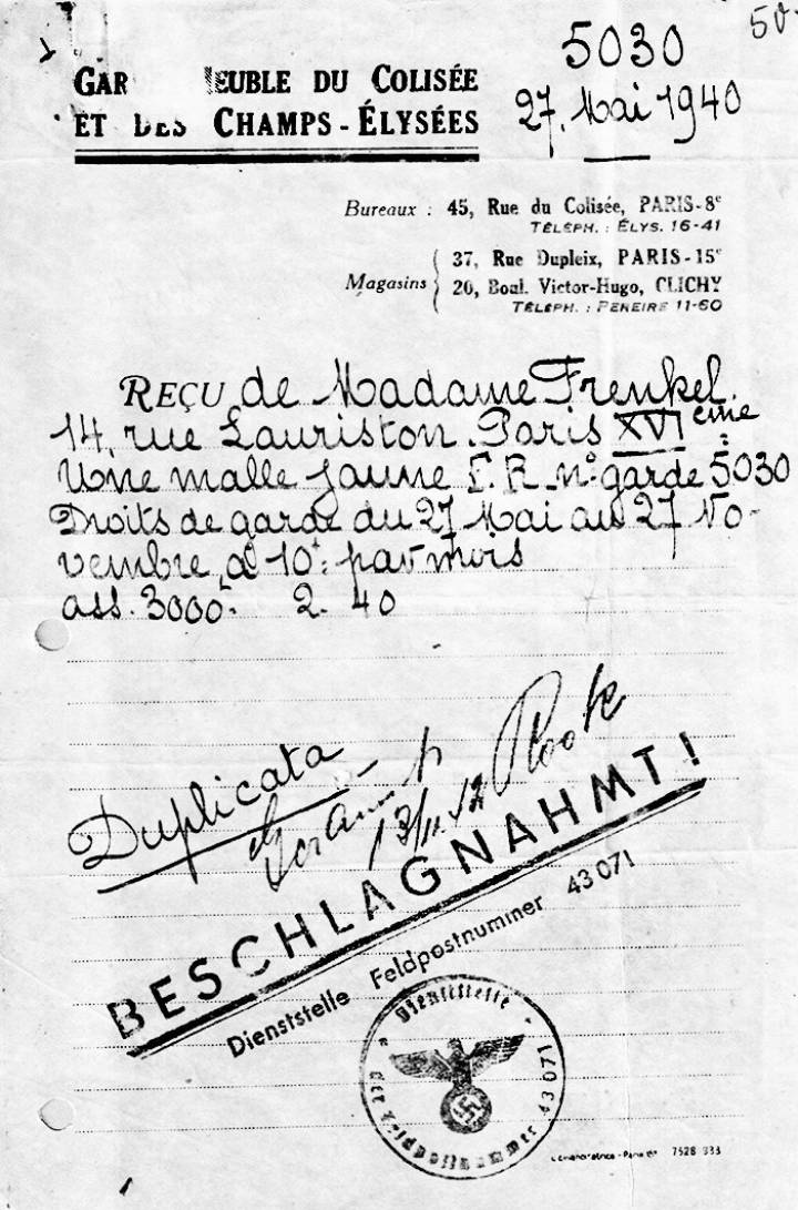 Documento de François Frenkel, autora do livro 'Uma livraria em Berlim', de um guardamuebles de Paris de 1940. Documento de François Frenkel, autora do livro 'Uma livraria em Berlim', de um guardamuebles de Paris de 1940.