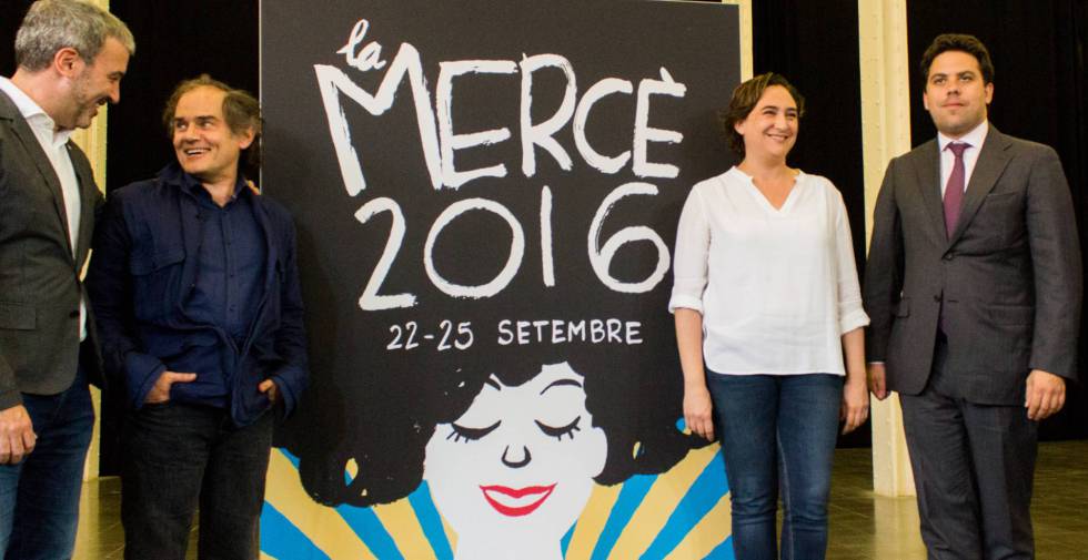 Collboni, Pérez Andújar, Ada Colau i Patrick Krugman (tinent d'alcalde de París), en la presentació de les festes de la Mercè. | RUT DE LA ROSA