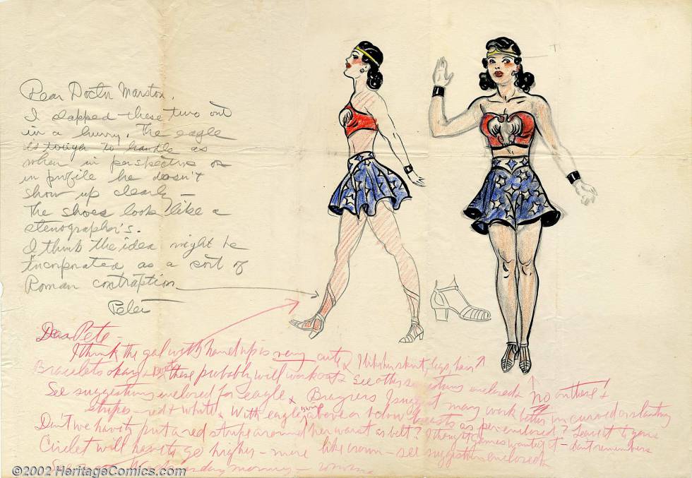 El primer boceto de Wonder Woman con anotaciones de sus creadores, el ilustrador Harry G. Peter y William Moulton Marsten.