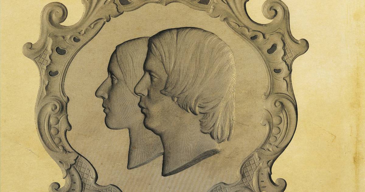 Retrato de Clara y Robert Schumann con una dedicatoria de Johannes Brahms.