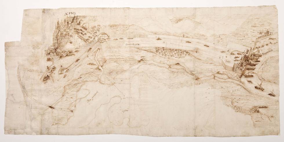 Plano topográfico de 1581 con canal navegable entre Jerez de la Frontera y el río Guadalete (Ambrosio Mariano y Francisco de Montalbán)