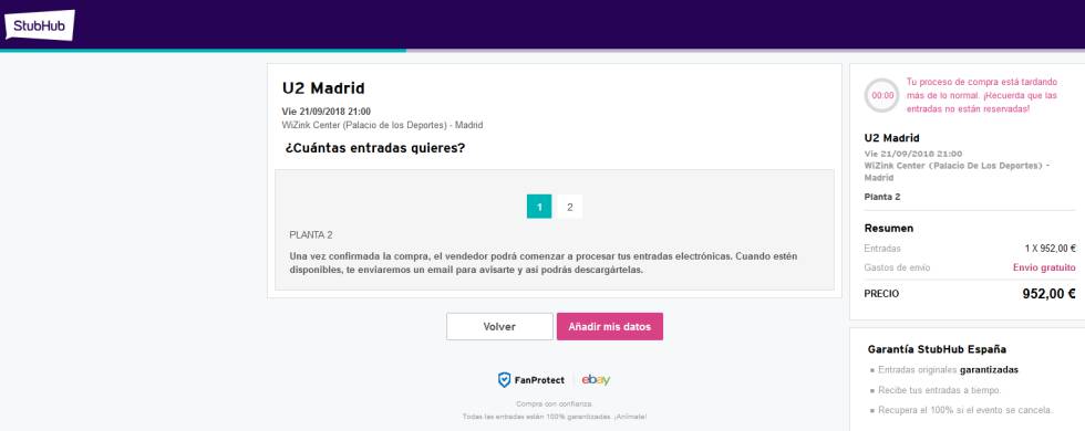 Screen grab of U2 tickets on sale for €952 on the website stubhub.es.