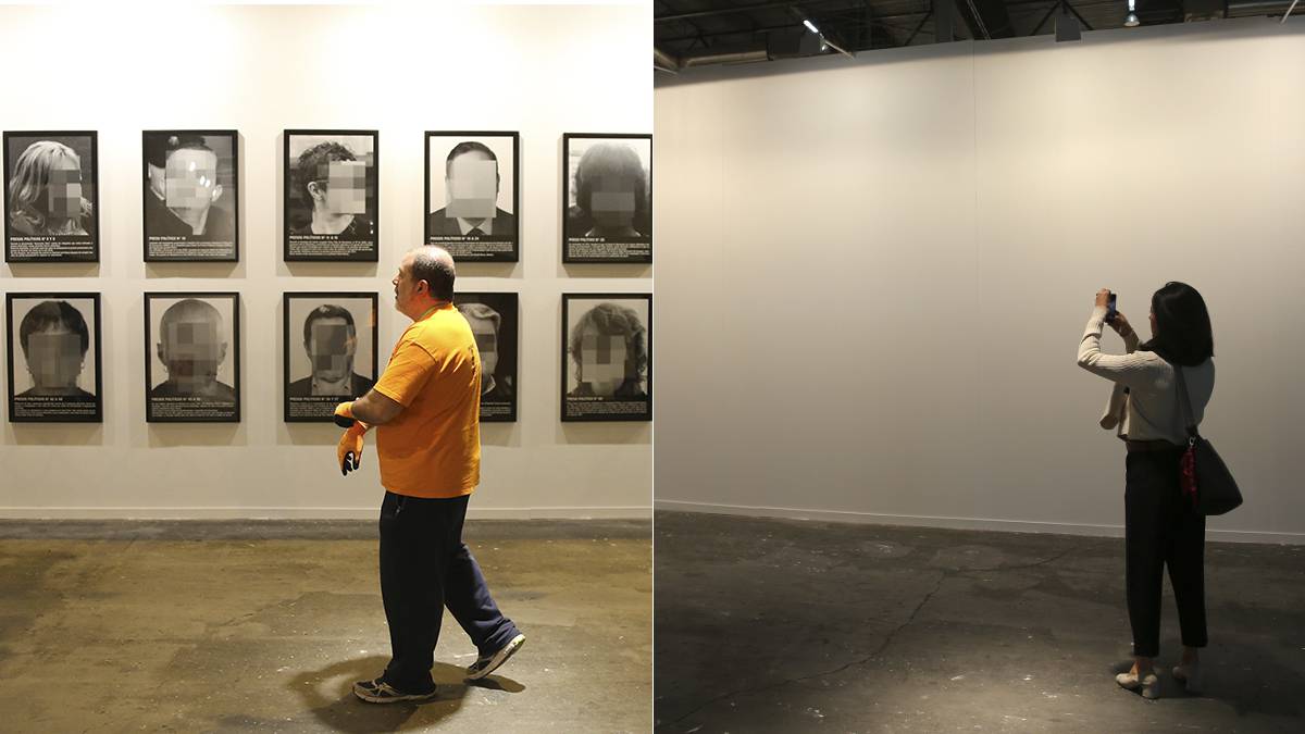 La obra 'Presos políticos en la España contemporánea', que se exhibía en ARCO, y el mismo lugar en la actualidad.