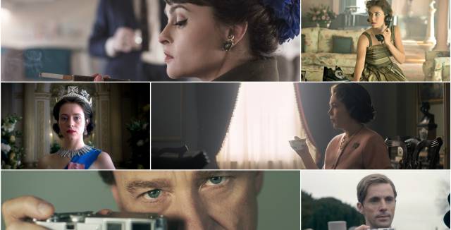 De izquierda a derecha y de arriba a abajo, Helena Bonham Carter, Vanessa Kirby, Claire Foy, Olivia Colman, Ben Daniels y Matthew Goode en 'The Crown'.