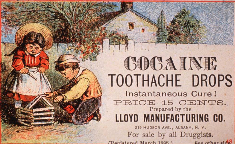 Cocaína, remédio para a dor de dente, num anúncio dos EUA de 1890.