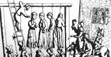 Brujas ahorcadas en un grabado de la época de la persecución.