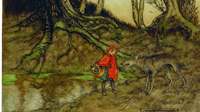 Una ilustración de Caperucita realizada por Arthur Rackham.