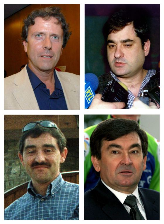De izquierda a derecha y de arriba a abajo: Eufemiano Fuentes; Manolo Saiz; exdirector del ONCE y el Liberty, José Ignacio Labarta, exdirector del Comunitat Valenciana, y Vicente Belda, exdirector del Kelme, cuatro de los seis acusados en la