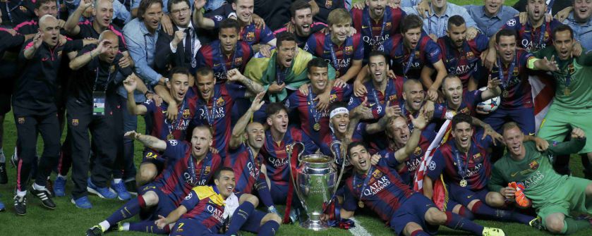 Los jugadores del Barcelona celebra su quinta Champions