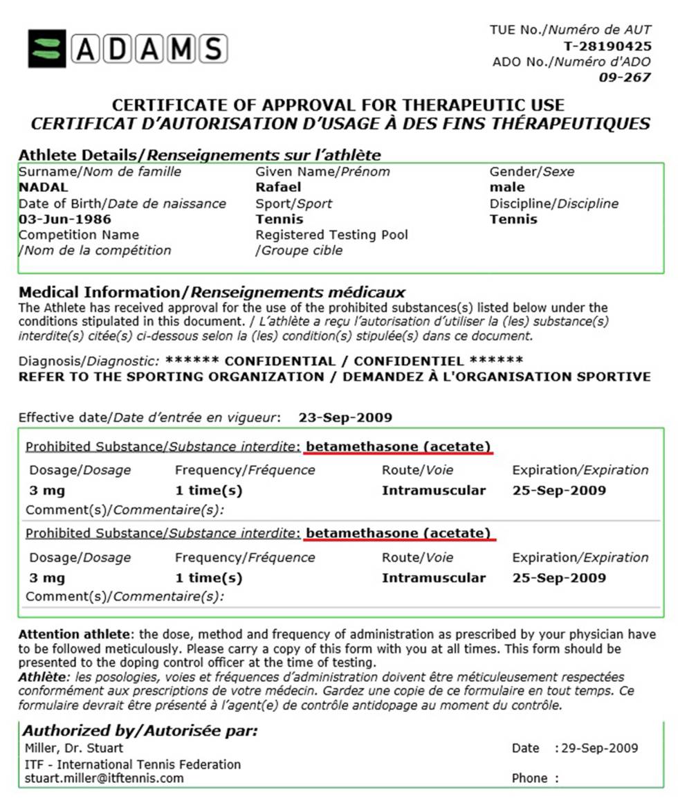 Detalle de las exención médica a Nadal en 2009.