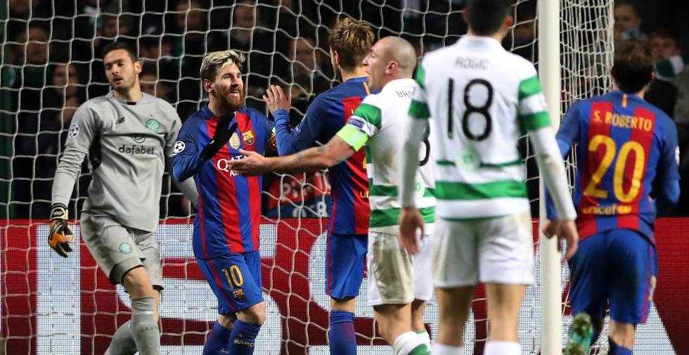 Messi celebra el seu segon gol, el número 100 a Europa.