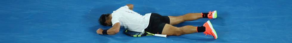 Nadal, sobre la pista tras derrotar a Dimitrov.