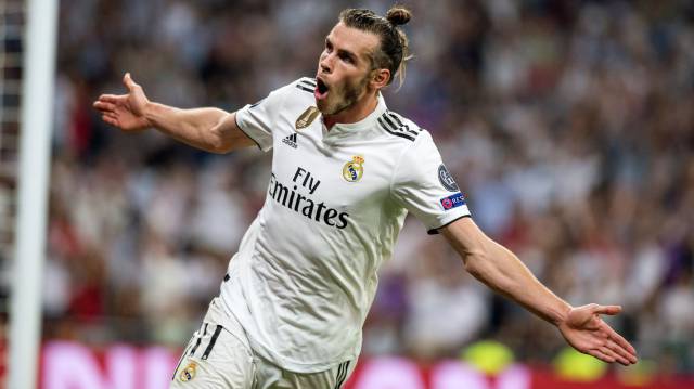 Gareth Bale celebra su gol a la Roma, el segundo del Madrid.