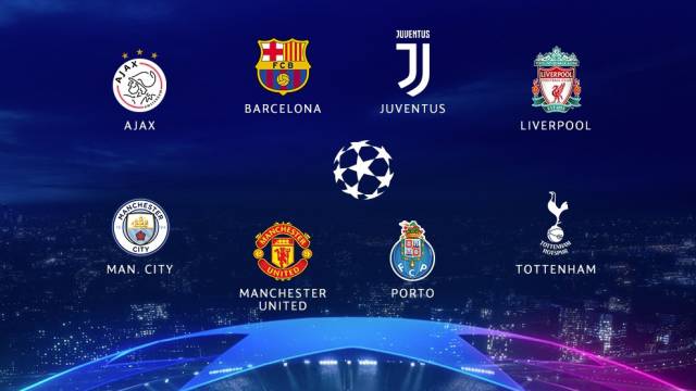 Los escudos de los ocho equipos clasificados para los cuartos de final de la Champions League.