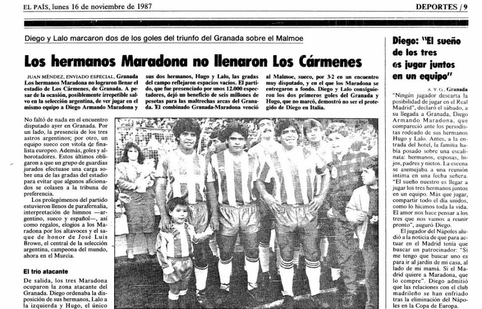 Recorte de la página de Valverdedelcamino con la noticia de los tres hermanos Maradona en Los Cármenes.