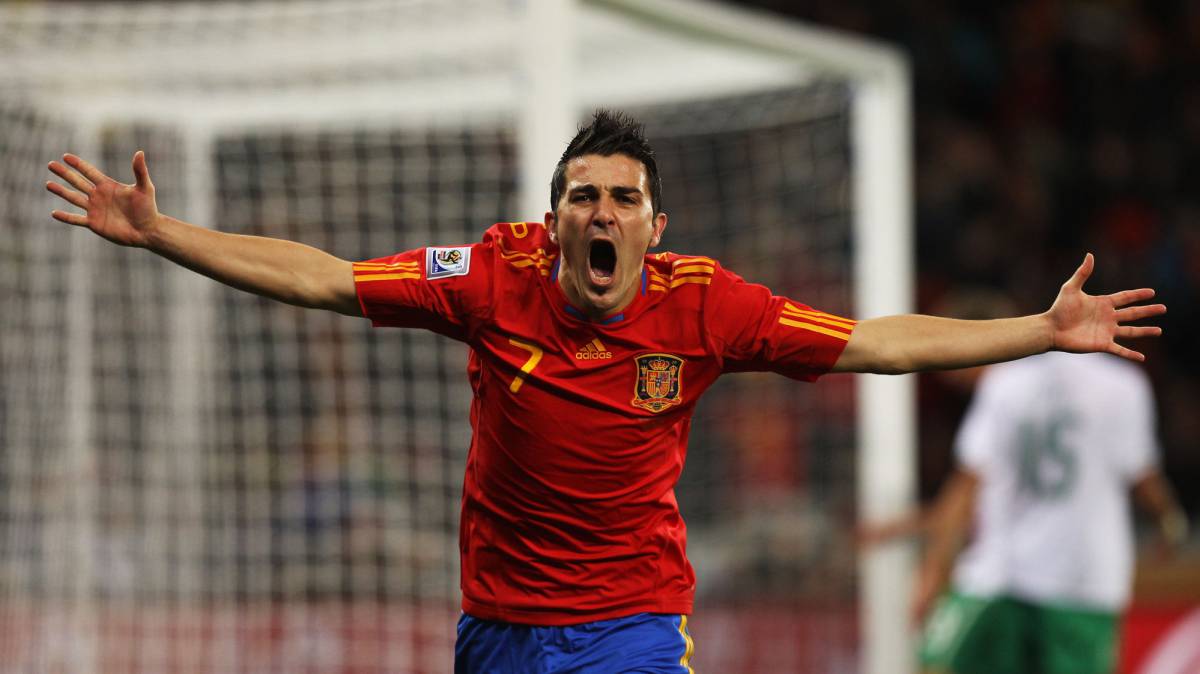 Villa celebra su gol a Portugal en 2010.