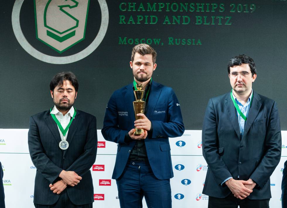 Podio del Mundial de Rápidas: de izquierda a derecha, Nakamura, Carlsen y Krámnik