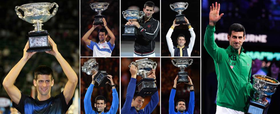 Djokovic posa con sus ocho títulos de Australia.