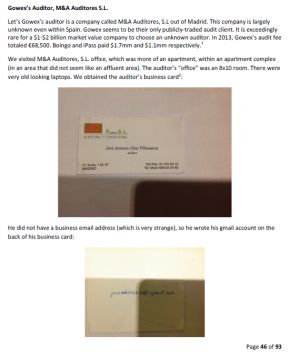 Captura de la página del informe de Gotham en la que habla del auditor y muestra su tarjeta de visita