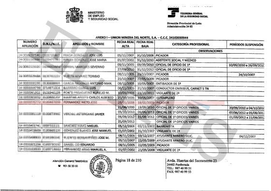 Documento de la Seguridad Social que acredita que José Fernández nieto, alias Silvano, cotizó como picador de carbón en Uminsa.