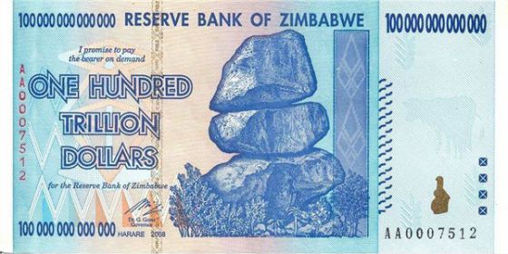 Billete de 100 billones de dólares de Zimbabwe
