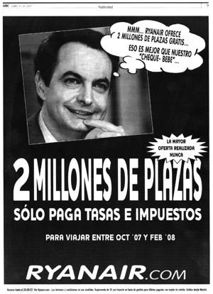 Uno de los polémicos anuncios de Ryanair en 2007, que usaba la imagen del presidente José Luis Rodríguez Zapatero