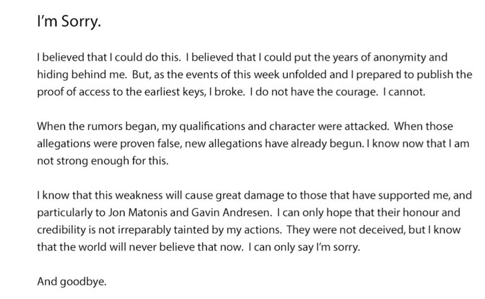 Entrada del blog de Craig Wright pidiendo disculpas por no probar su identidad.